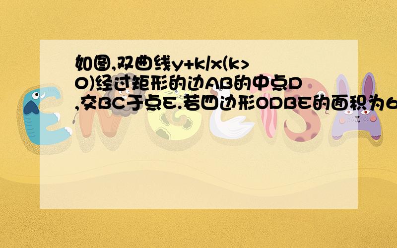 如图,双曲线y+k/x(k>0)经过矩形的边AB的中点D,交BC于点E.若四边形ODBE的面积为6.