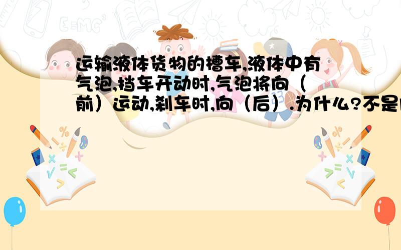 运输液体货物的槽车,液体中有气泡,挡车开动时,气泡将向（前）运动,刹车时,向（后）.为什么?不是向后和前吗,和人不一样》