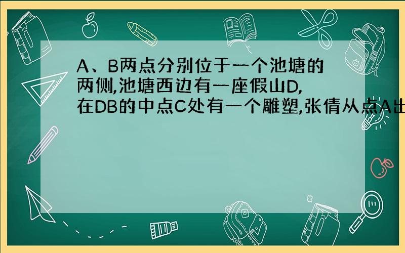 A、B两点分别位于一个池塘的两侧,池塘西边有一座假山D,在DB的中点C处有一个雕塑,张倩从点A出发,沿直线AC一直向前经