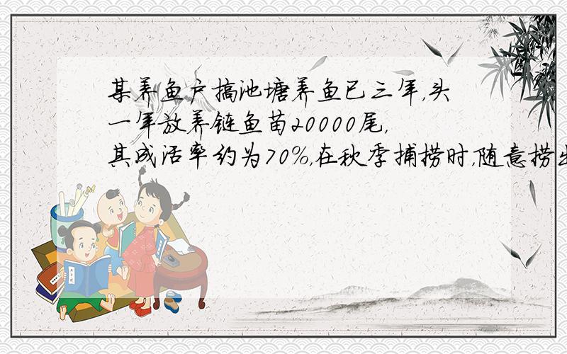 某养鱼户搞池塘养鱼已三年，头一年放养链鱼苗20000尾，其成活率约为70%，在秋季捕捞时，随意捞出10尾鱼，称得每尾的重