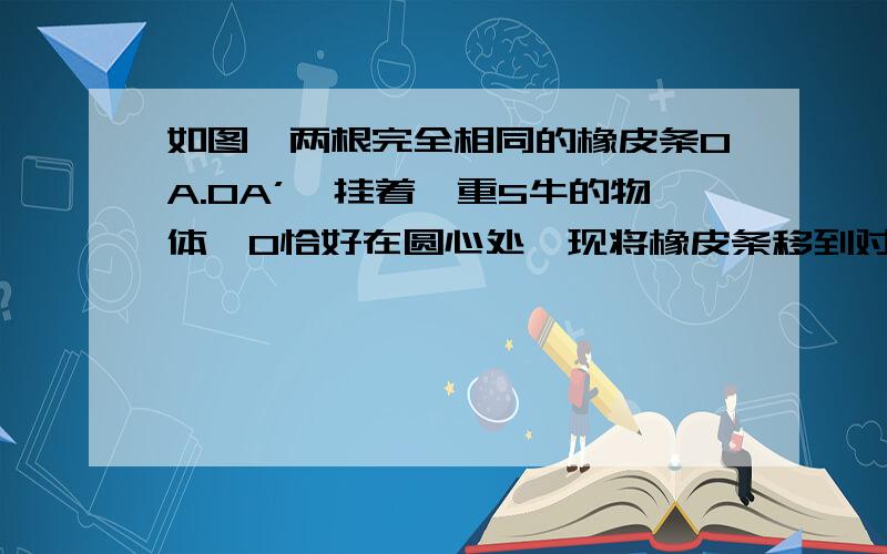 如图,两根完全相同的橡皮条OA.OA’,挂着一重5牛的物体,O恰好在圆心处,现将橡皮条移到对称的OB.OB‘