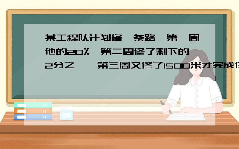 某工程队计划修一条路,第一周他的20%,第二周修了剩下的2分之一,第三周又修了1500米才完成任务.这条路