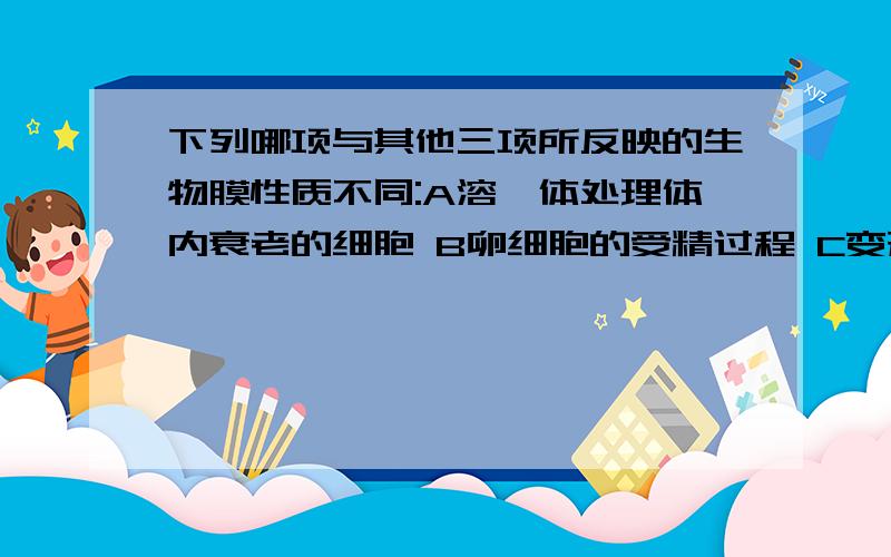 下列哪项与其他三项所反映的生物膜性质不同:A溶酶体处理体内衰老的细胞 B卵细胞的受精过程 C变形虫捕食浮游生物 D大分子