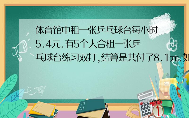 体育馆中租一张乒乓球台每小时5.4元.有5个人合租一张乒乓球台练习双打,结算是共付了8.1元.如果每个人练