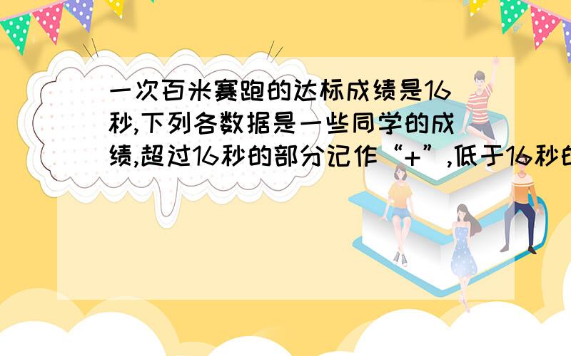 一次百米赛跑的达标成绩是16秒,下列各数据是一些同学的成绩,超过16秒的部分记作“+”,低于16秒的部分记为“—”.