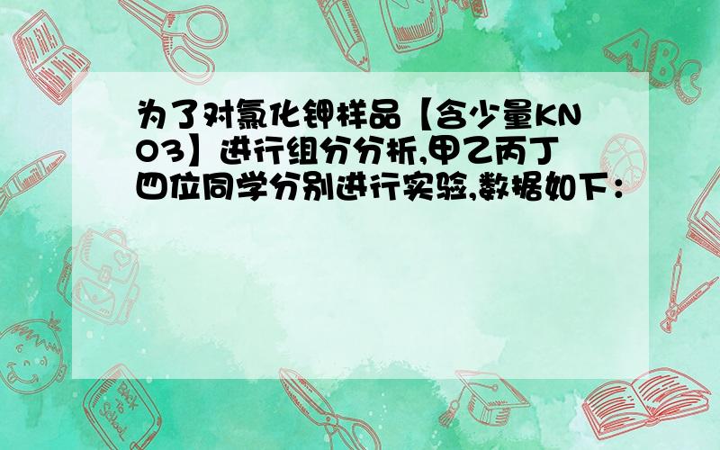 为了对氯化钾样品【含少量KNO3】进行组分分析,甲乙丙丁四位同学分别进行实验,数据如下：