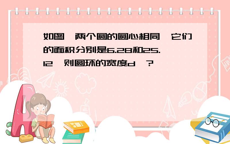 如图,两个圆的圆心相同,它们的面积分别是6.28和25.12,则圆环的宽度d≈?