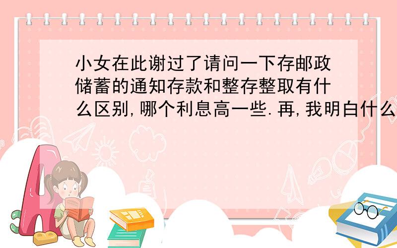 小女在此谢过了请问一下存邮政储蓄的通知存款和整存整取有什么区别,哪个利息高一些.再,我明白什么是能知存款.谢过了