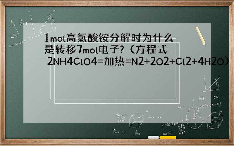 1mol高氯酸铵分解时为什么是转移7mol电子?（方程式 2NH4ClO4=加热=N2+2O2+Cl2+4H2O)