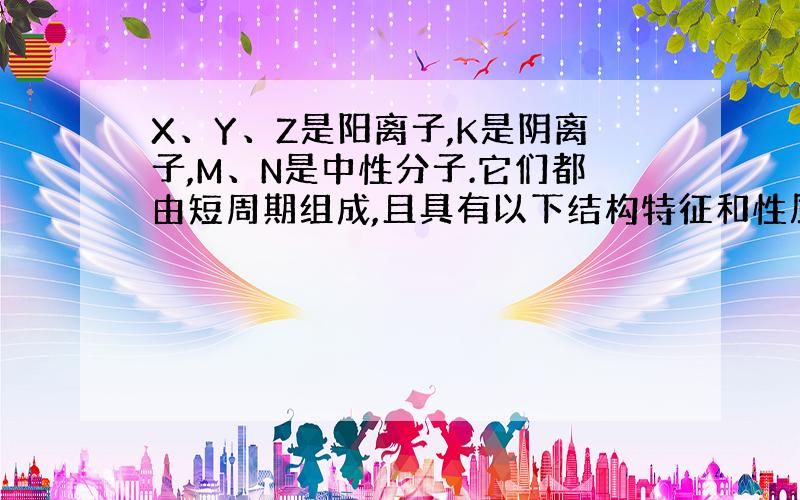 X、Y、Z是阳离子,K是阴离子,M、N是中性分子.它们都由短周期组成,且具有以下结构特征和性质：