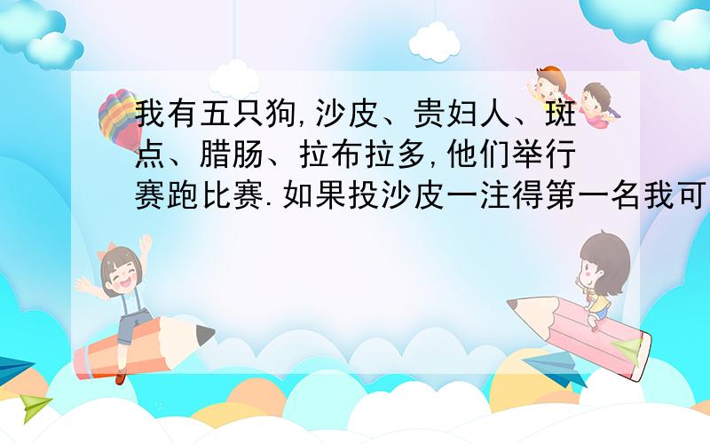 我有五只狗,沙皮、贵妇人、斑点、腊肠、拉布拉多,他们举行赛跑比赛.如果投沙皮一注得第一名我可以得11个金币；如果投贵妇人