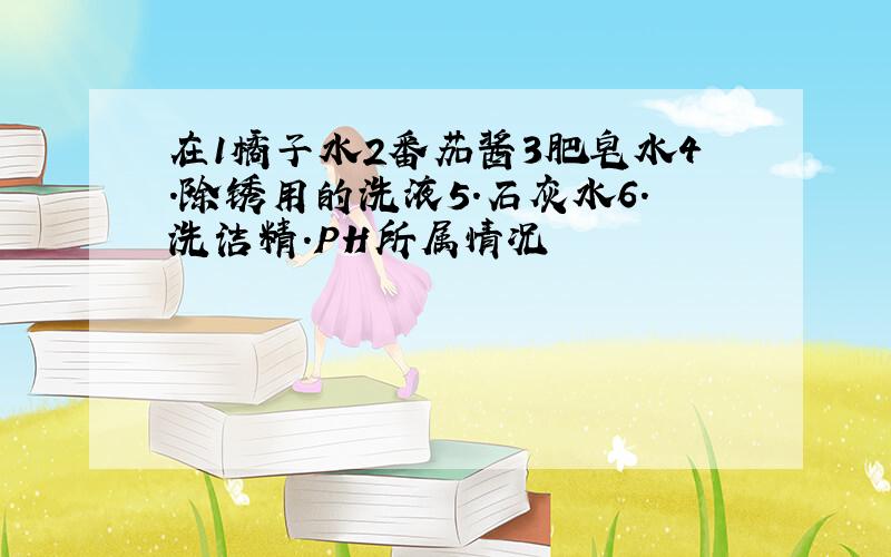 在1橘子水2番茄酱3肥皂水4.除锈用的洗液5.石灰水6.洗洁精.PH所属情况