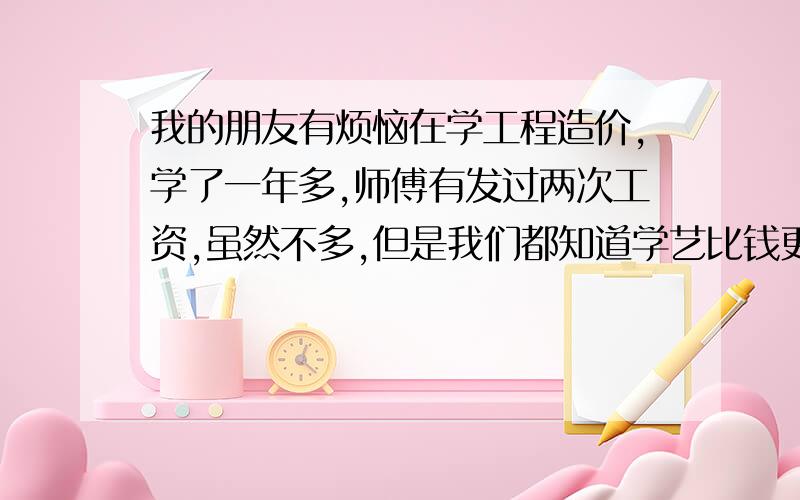 我的朋友有烦恼在学工程造价,学了一年多,师傅有发过两次工资,虽然不多,但是我们都知道学艺比钱更重要,都很卖力的干活,可是