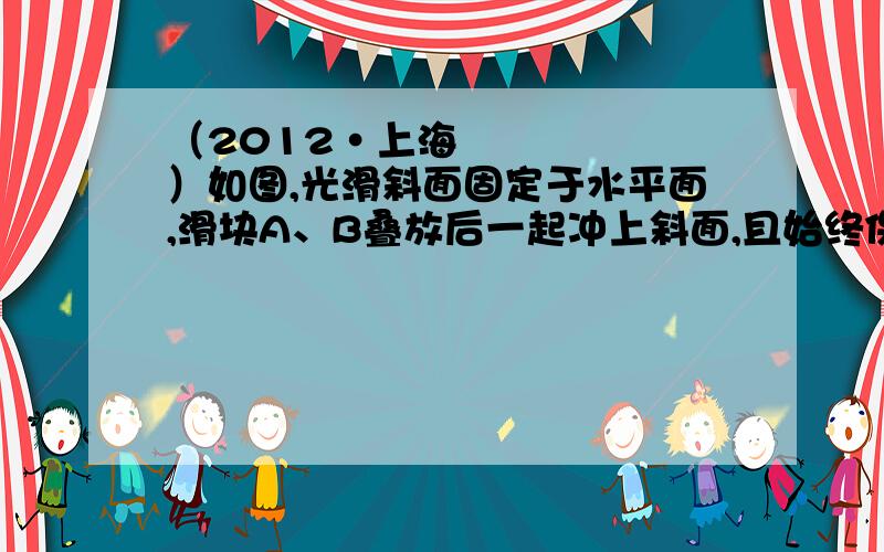 （2012•上海）如图,光滑斜面固定于水平面,滑块A、B叠放后一起冲上斜面,且始终保持相对静止,A上表面水平