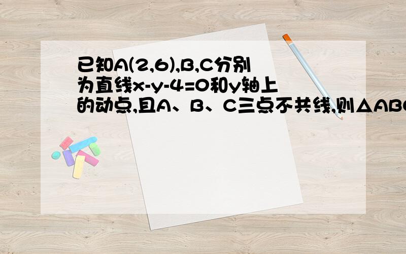 已知A(2,6),B,C分别为直线x-y-4=0和y轴上的动点,且A、B、C三点不共线,则△ABC周长的最小值为?