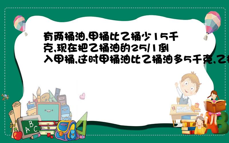 有两桶油,甲桶比乙桶少15千克,现在把乙桶油的25/1倒入甲桶,这时甲桶油比乙桶油多5千克,乙桶油原来多少千克?