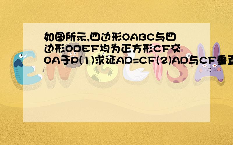 如图所示,四边形OABC与四边形ODEF均为正方形CF交OA于P(1)求证AD=CF(2)AD与CF垂直 1