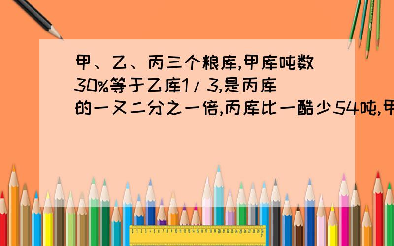 甲、乙、丙三个粮库,甲库吨数30%等于乙库1/3,是丙库的一又二分之一倍,丙库比一酷少54吨,甲、乙、丙各