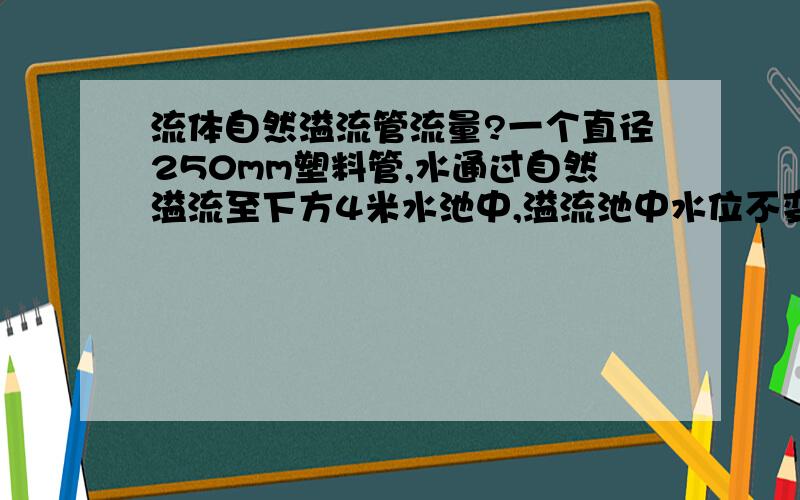 流体自然溢流管流量?一个直径250mm塑料管,水通过自然溢流至下方4米水池中,溢流池中水位不变,最大流量多少?有什么相关