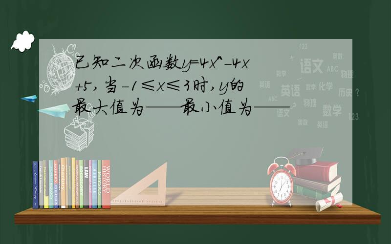 已知二次函数y=4x^-4x+5,当-1≤x≤3时,y的最大值为——最小值为——