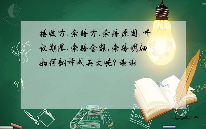 接收方,索赔方,索赔原因,异议期限,索赔金额,索赔明细 如何翻译成英文呢?谢谢