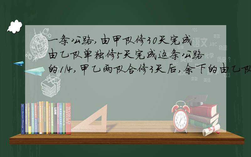 一条公路,由甲队修30天完成由乙队单独修5天完成这条公路的1/4,甲乙两队合修3天后,余下的由乙队修,还需