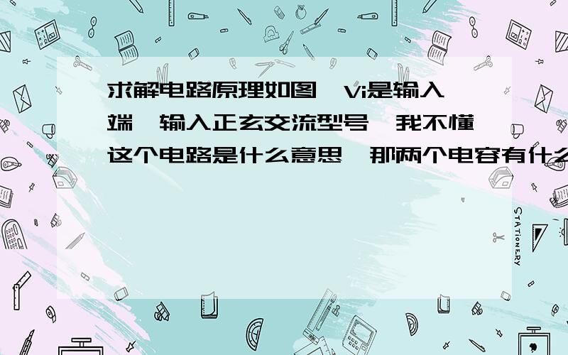 求解电路原理如图,Vi是输入端,输入正玄交流型号,我不懂这个电路是什么意思,那两个电容有什么用,hjg3640，你是说这