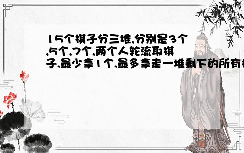 15个棋子分三堆,分别是3个,5个,7个,两个人轮流取棋子,最少拿1个,最多拿走一堆剩下的所有棋子,谁拿这15个棋子的最