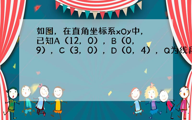 如图，在直角坐标系xOy中，已知A（12，0），B（0，9），C（3，0），D（0，4），Q为线段AB上一动点，OQ与过