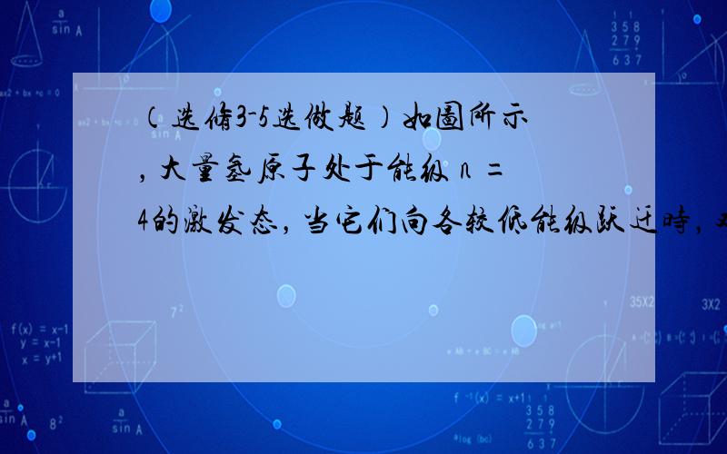 （选修3-5选做题）如图所示，大量氢原子处于能级 n =4的激发态，当它们向各较低能级跃迁时，对于多种可能的跃迁，下面说