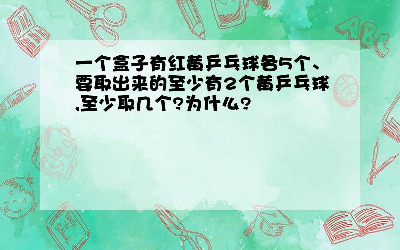 一个盒子有红黄乒乓球各5个、要取出来的至少有2个黄乒乓球,至少取几个?为什么?