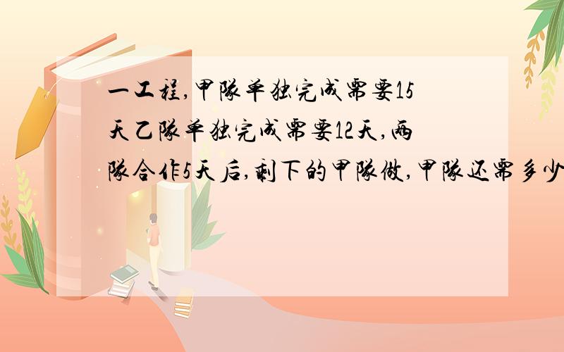 一工程,甲队单独完成需要15天乙队单独完成需要12天,两队合作5天后,剩下的甲队做,甲队还需多少天完成?