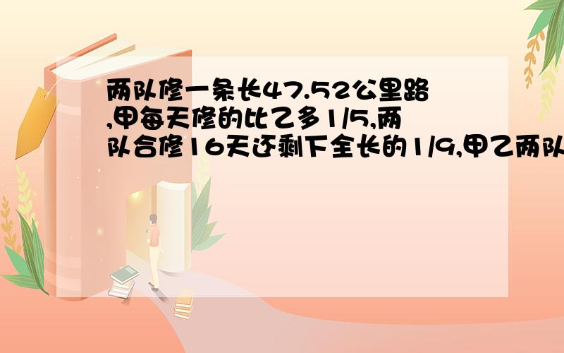 两队修一条长47.52公里路,甲每天修的比乙多1/5,两队合修16天还剩下全长的1/9,甲乙两队每天各修多少公里