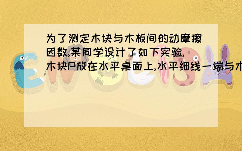 为了测定木块与木板间的动摩擦因数,某同学设计了如下实验,木块P放在水平桌面上,水平细线一端与木块P连接,另一端绕过定滑轮