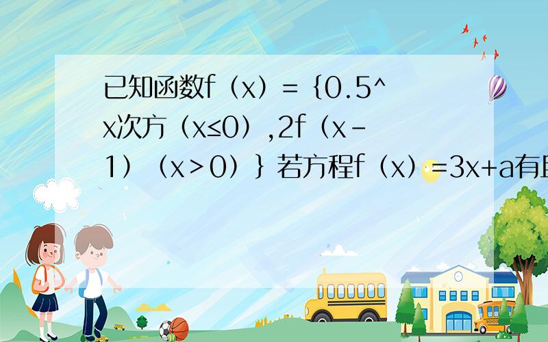 已知函数f（x）=｛0.5^x次方（x≤0）,2f（x-1）（x＞0）｝若方程f（x）=3x+a有且只有一个解,则实数a