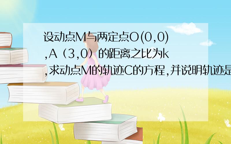 设动点M与两定点O(0,0),A（3,0）的距离之比为k,求动点M的轨迹C的方程,并说明轨迹是什么