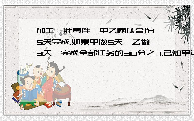 加工一批零件,甲乙两队合作15天完成.如果甲做5天,乙做3天,完成全部任务的30分之7.已知甲每天做18个…