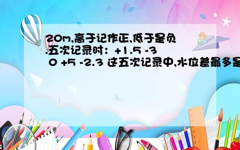 20m,高于记作正,低于是负.五次记录时：+1.5 -3 0 +5 -2.3 这五次记录中,水位差最多是多少米?