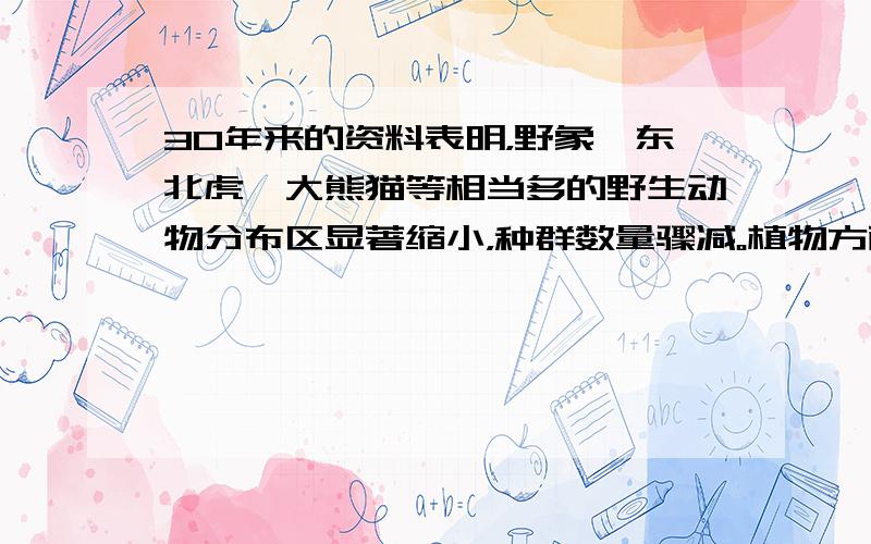 30年来的资料表明，野象、东北虎、大熊猫等相当多的野生动物分布区显著缩小，种群数量骤减。植物方面，正式列入国家珍稀濒危物