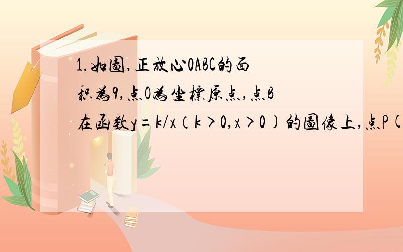 1.如图,正放心0ABC的面积为9,点O为坐标原点,点B在函数y=k/x（k>0,x>0)的图像上,点P(m,n)是函数