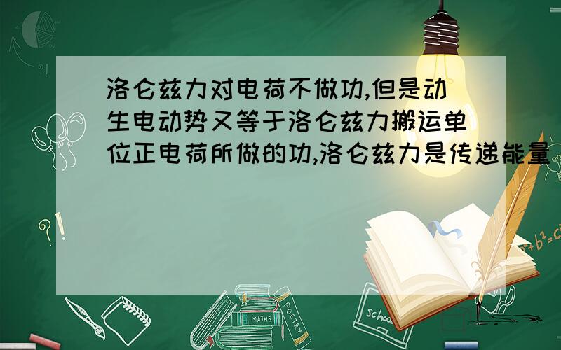 洛仑兹力对电荷不做功,但是动生电动势又等于洛仑兹力搬运单位正电荷所做的功,洛仑兹力是传递能量