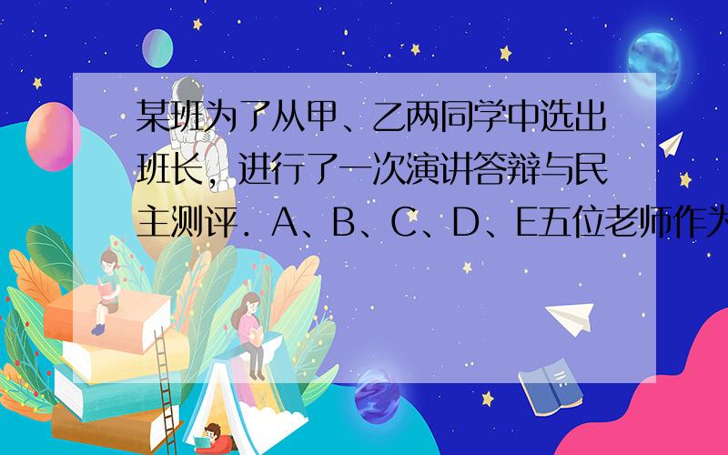 某班为了从甲、乙两同学中选出班长，进行了一次演讲答辩与民主测评．A、B、C、D、E五位老师作为评委，对“演讲答辩”情况进