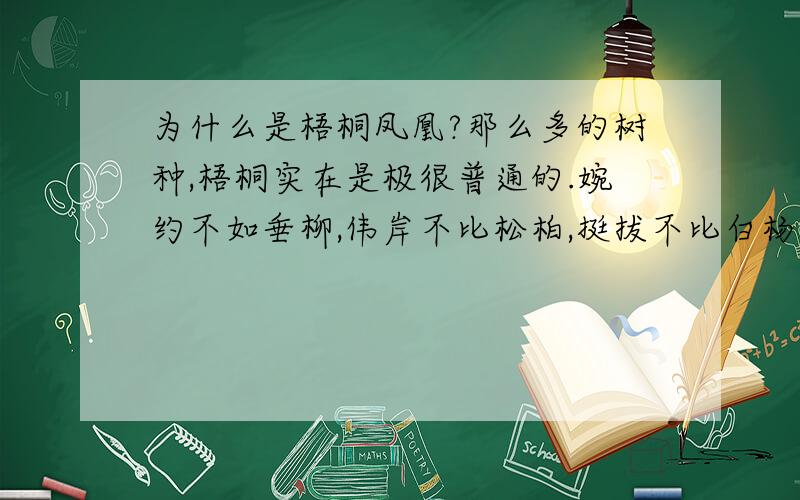 为什么是梧桐凤凰?那么多的树种,梧桐实在是极很普通的.婉约不如垂柳,伟岸不比松柏,挺拔不比白杨,怎么就和传说中神奇吉祥的