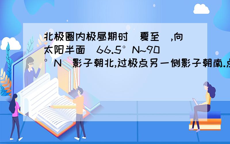 北极圈内极昼期时（夏至）,向太阳半面（66.5°N~90°N）影子朝北,过极点另一侧影子朝南.点进去链接有分