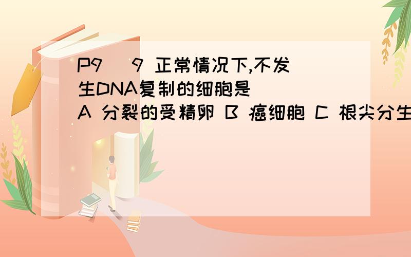 P9 （9 正常情况下,不发生DNA复制的细胞是（ ） A 分裂的受精卵 B 癌细胞 C 根尖分生区细胞 D 成熟表皮细