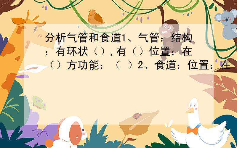 分析气管和食道1、气管：结构：有环状（）,有（）位置：在（）方功能：（ ）2、食道：位置：在（）方功能：（）