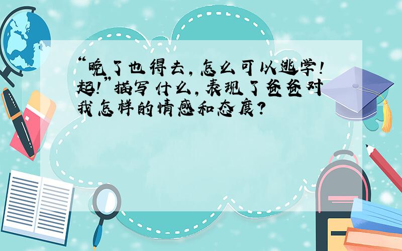 “晚了也得去,怎么可以逃学!起!”描写什么,表现了爸爸对我怎样的情感和态度?