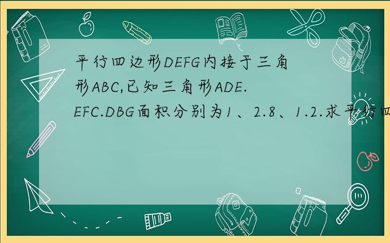 平行四边形DEFG内接于三角形ABC,已知三角形ADE.EFC.DBG面积分别为1、2.8、1.2.求平行四边形面积