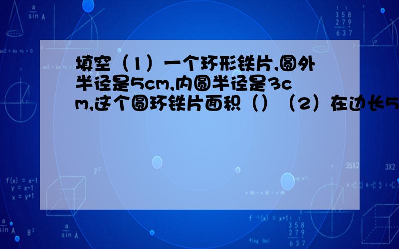 填空（1）一个环形铁片,圆外半径是5cm,内圆半径是3cm,这个圆环铁片面积（）（2）在边长5dm的正方形内画