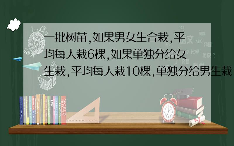 一批树苗,如果男女生合栽,平均每人栽6棵,如果单独分给女生栽,平均每人栽10棵,单独分给男生栽,平均每人栽几棵?